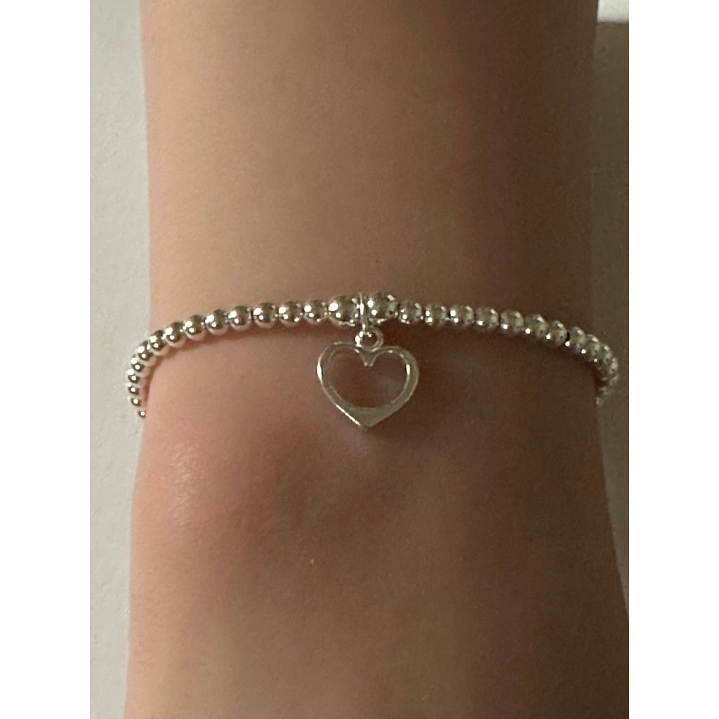 925 Sterling Silver Beaded Stretch Stacking Bracelet Heart Charm Minimalist S7 60$